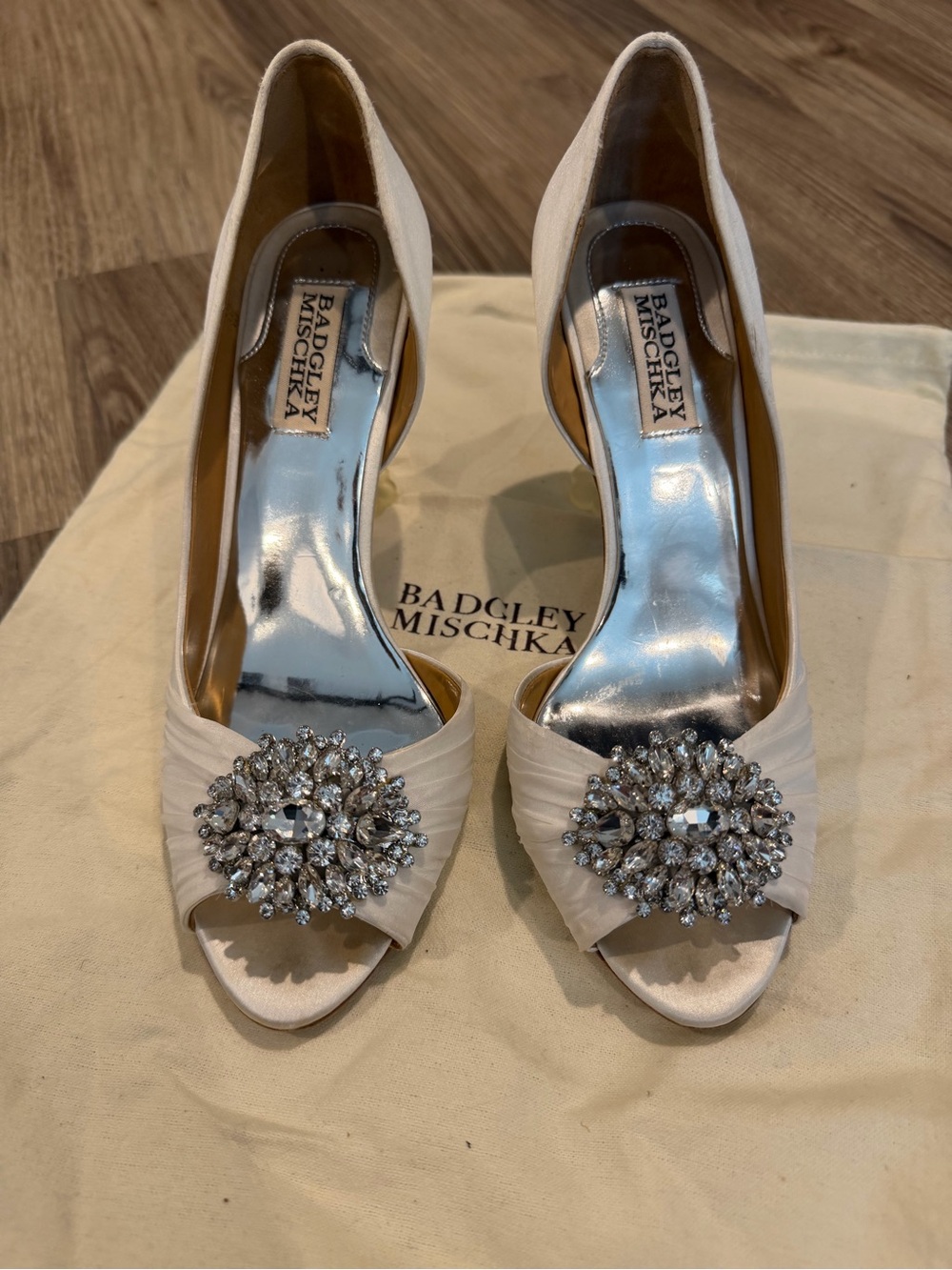 Badgley Mischka Ivory Satin Peep-Toe Heels with Crystal Brooch